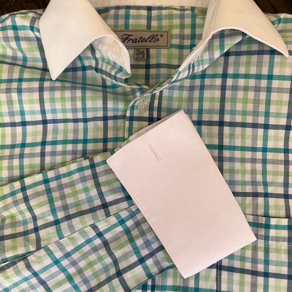 Fratello French Cuff Men's Dress Shirt Size 15 1/2 Blue Green White Plaid